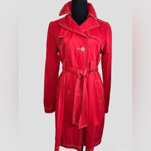 Red Belted Trench Coat Size M Lightweight Cotton Mid Length Classic Chic